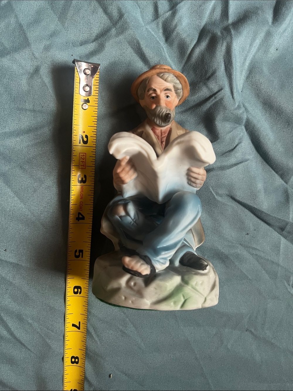 Hand-Painted Ceramic Reading Man Figurine in Beige and Blue